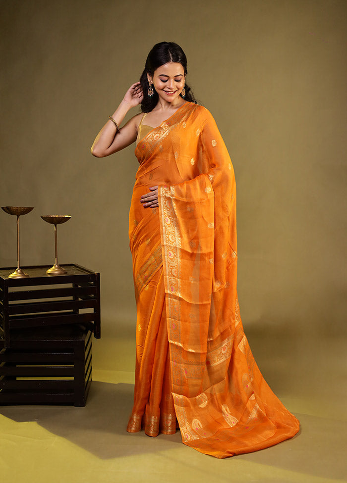 Orange Handloom Pure Georgette Saree With Blouse Piece