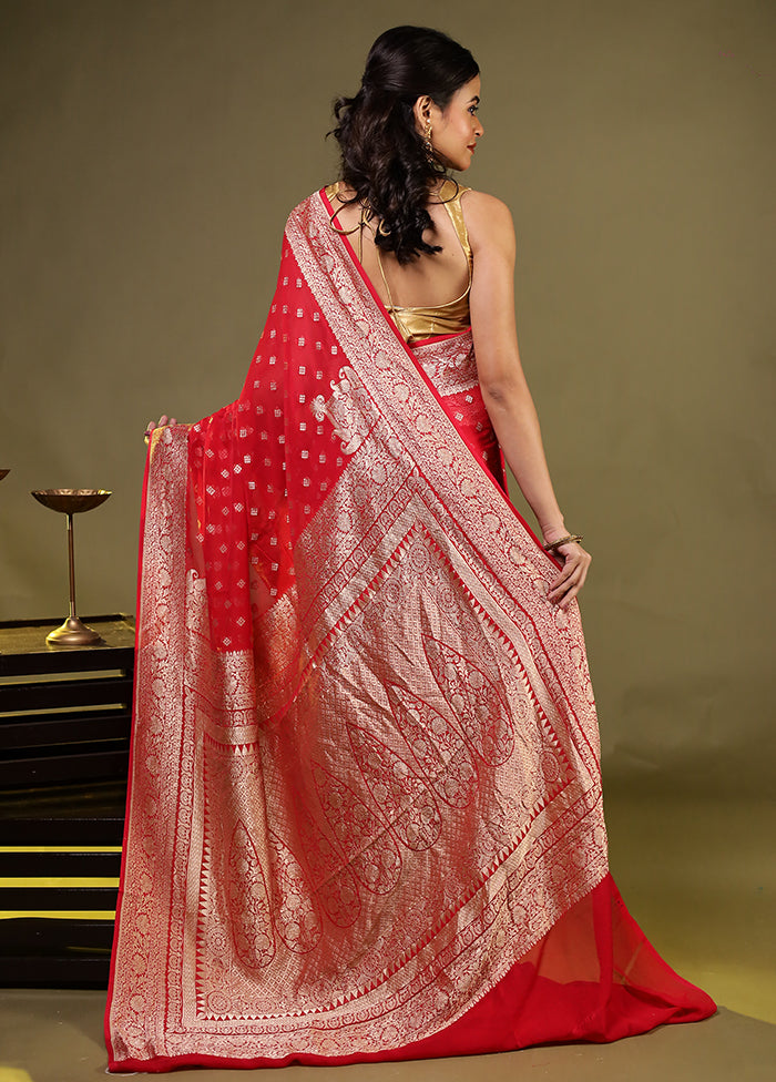 Red Handloom Pure Georgette Saree With Blouse Piece