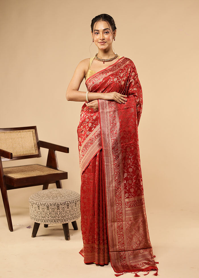 Red Dupion Silk Saree With Blouse Piece