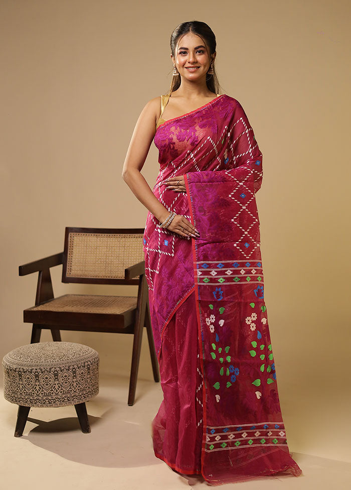 Purple Jamdani Cotton Saree Without Blouse Piece