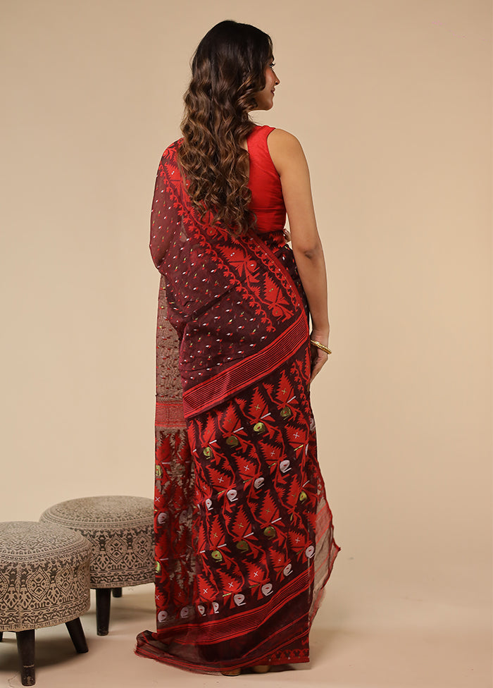 Maroon Jamdani Cotton Saree Without Blouse Piece
