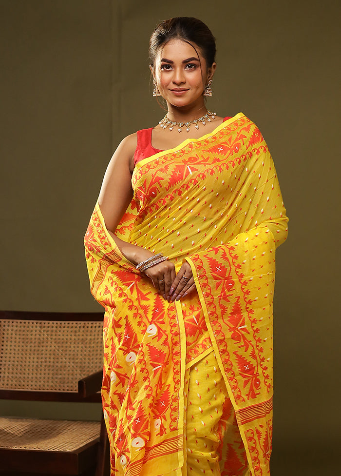 Yellow Jamdani Cotton Saree Without Blouse Piece