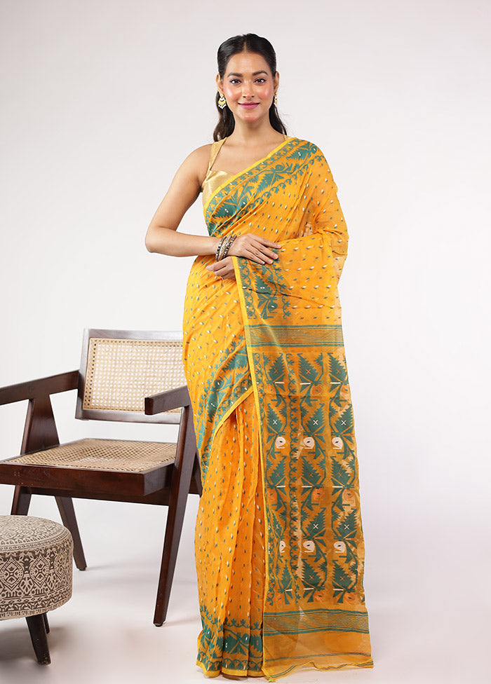 Yellow Jamdani Cotton Saree Without Blouse Piece