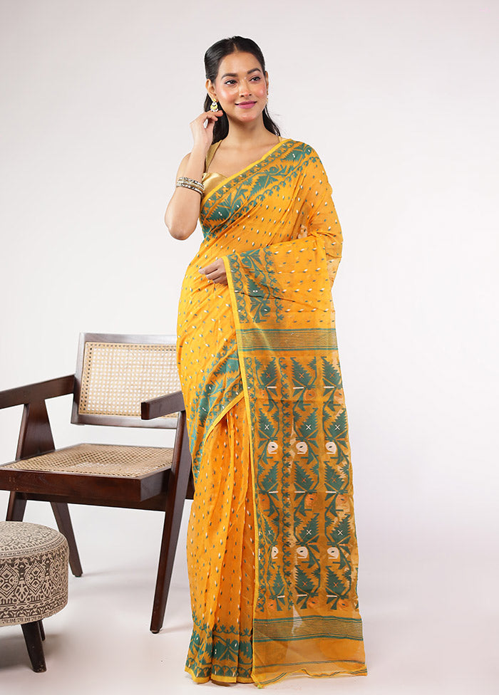 Yellow Jamdani Cotton Saree Without Blouse Piece