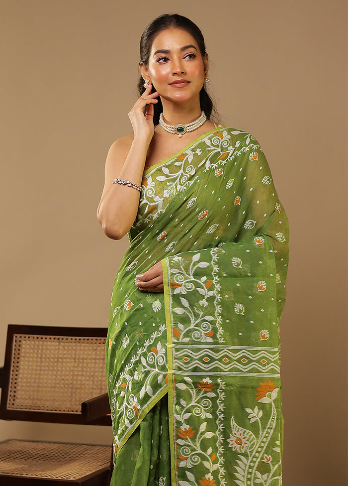 Green Jamdani Cotton Saree Without Blouse Piece