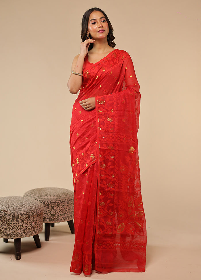 Red Jamdani Cotton Saree Without Blouse Piece