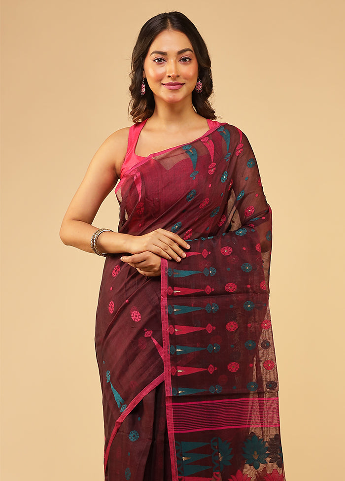 Brown Jamdani Cotton Saree Without Blouse Piece