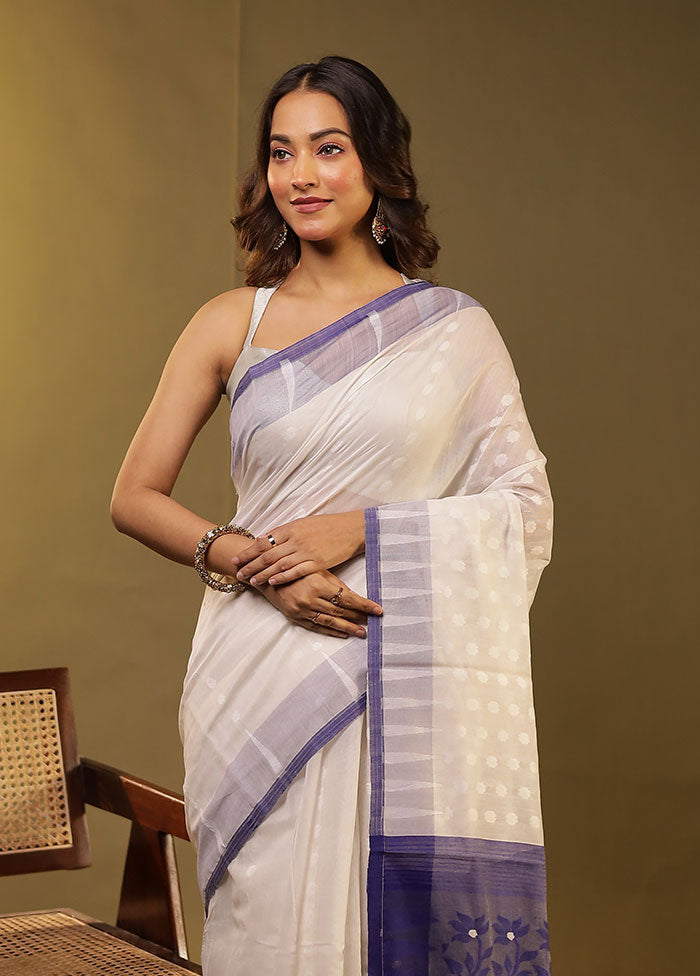 Cream Jamdani Cotton Saree With Blouse Piece