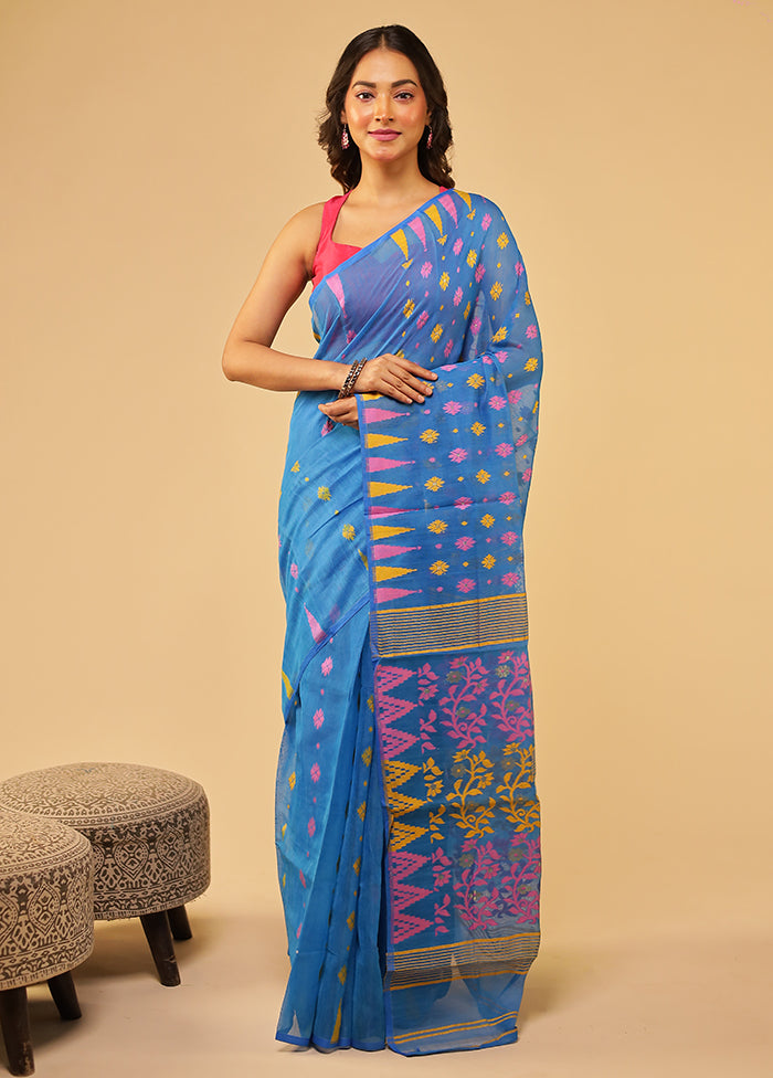 Blue Jamdani Cotton Saree Without Blouse Piece