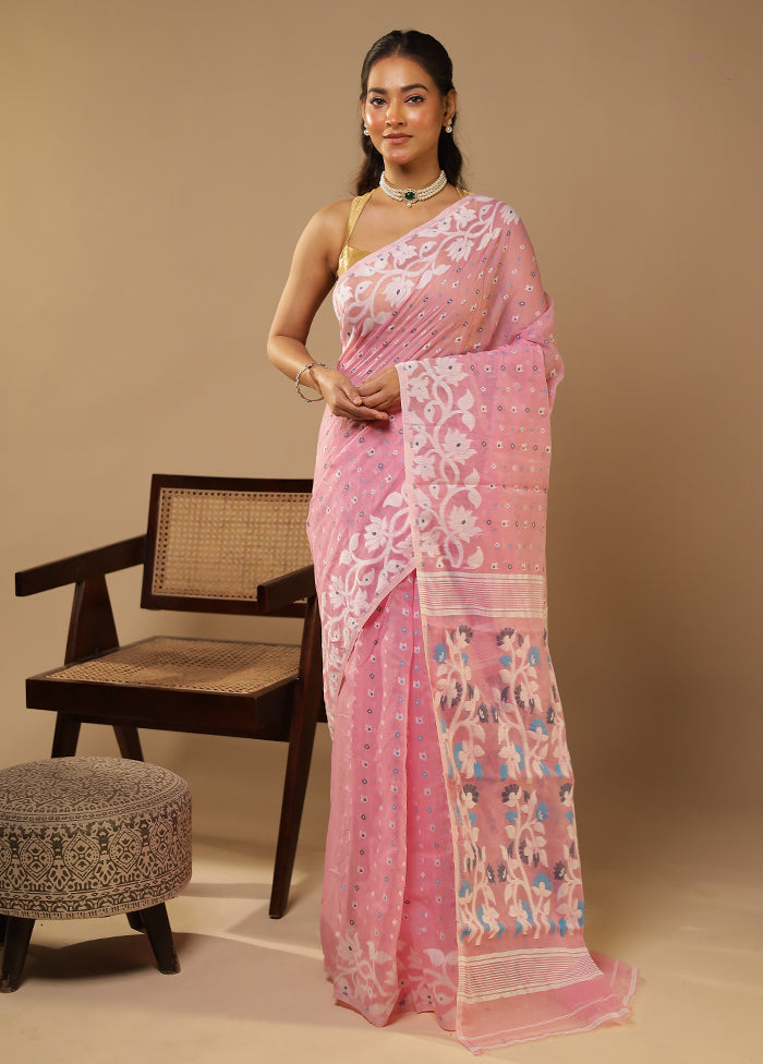 Pink Jamdani Cotton Saree Without Blouse Piece