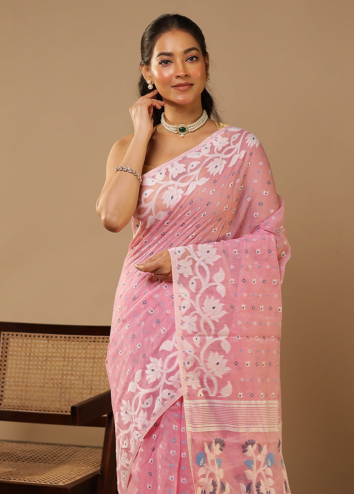Pink Jamdani Cotton Saree Without Blouse Piece