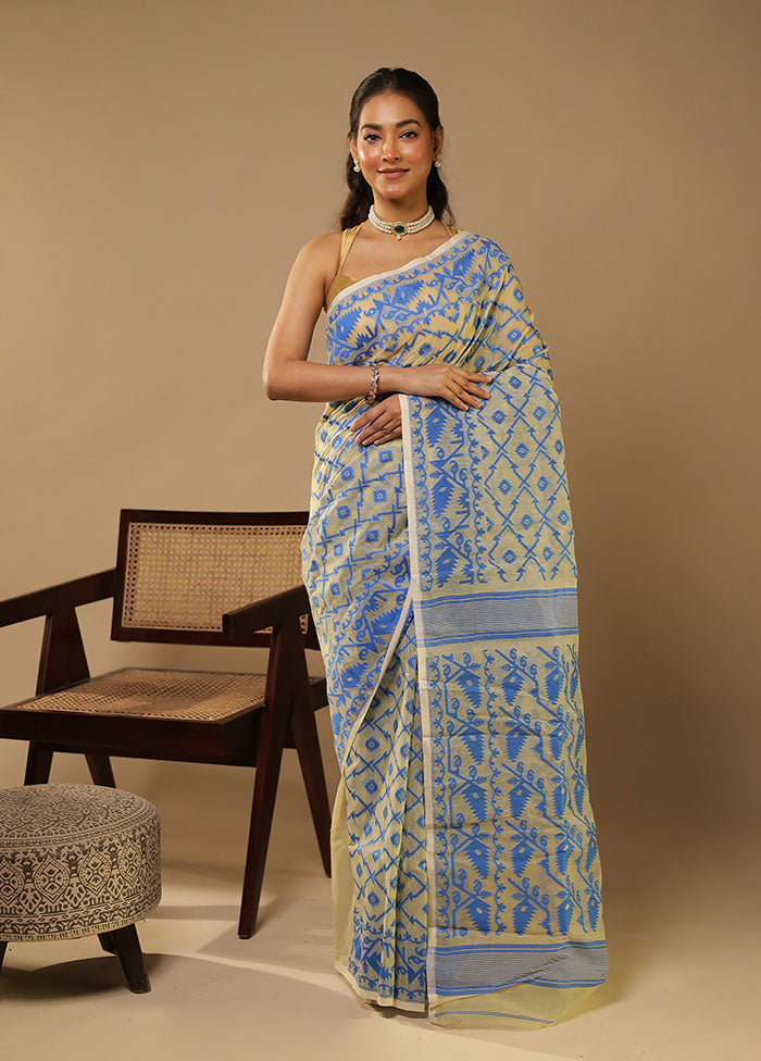 Cream Jamdani Cotton Saree Without Blouse Piece