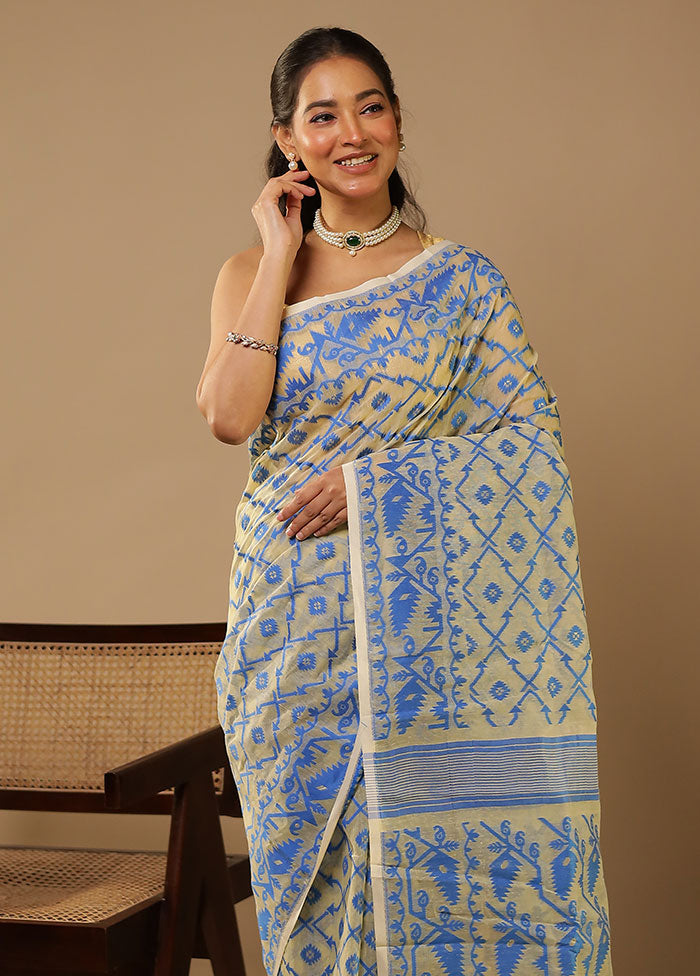 Cream Jamdani Cotton Saree Without Blouse Piece