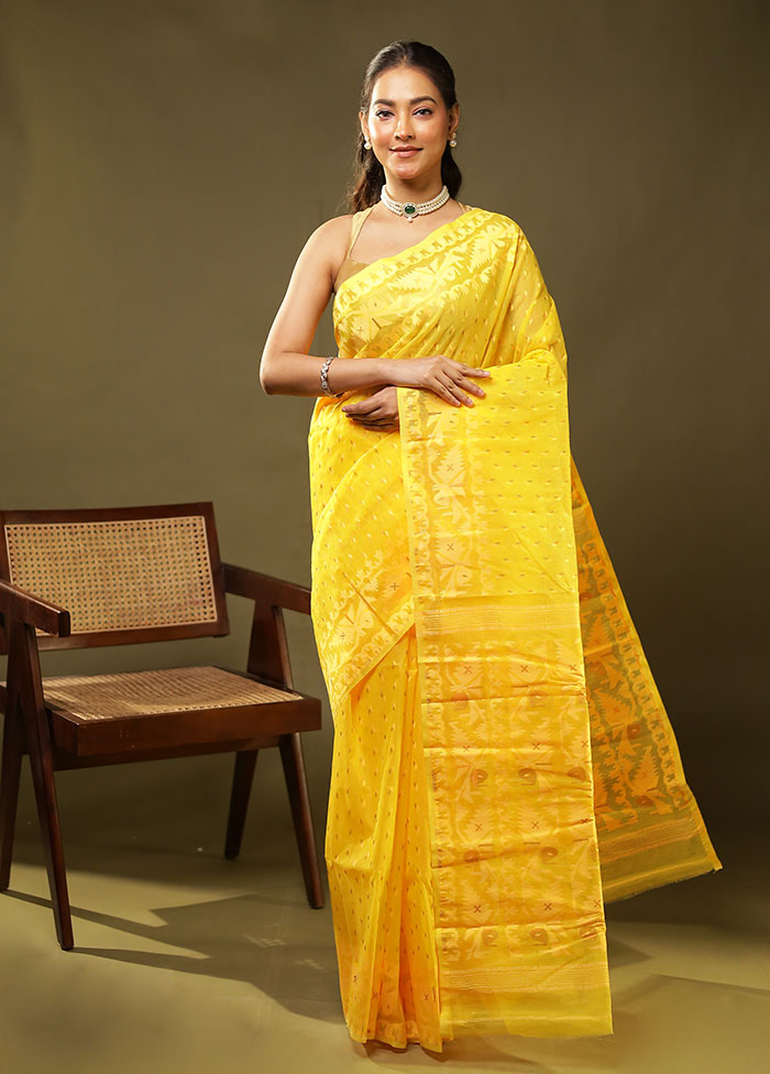 Yellow Jamdani Cotton Saree Without Blouse Piece