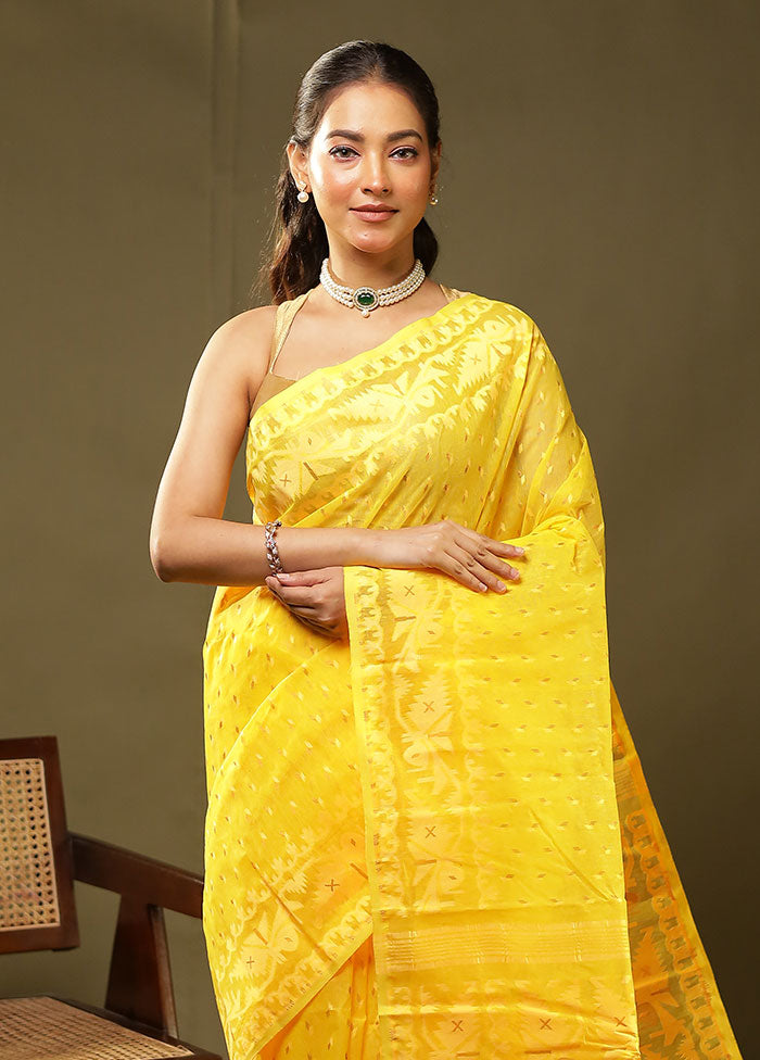 Yellow Jamdani Cotton Saree Without Blouse Piece
