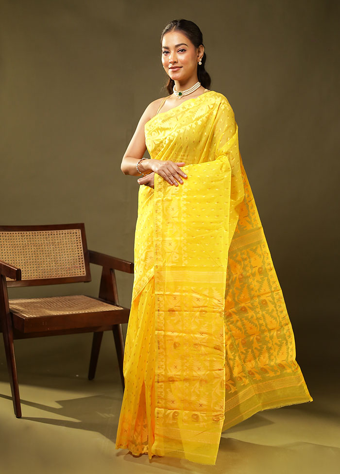 Yellow Jamdani Cotton Saree Without Blouse Piece