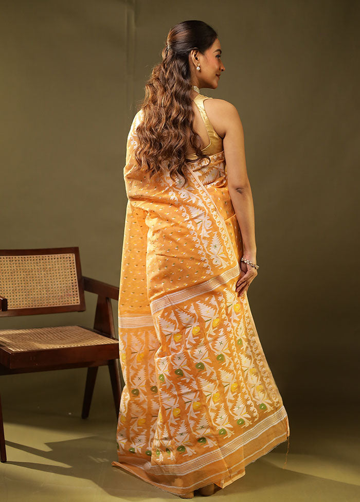 Peach Jamdani Cotton Saree Without Blouse Piece