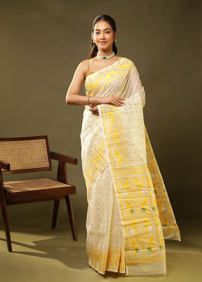 Cream Jamdani Cotton Saree Without Blouse Piece