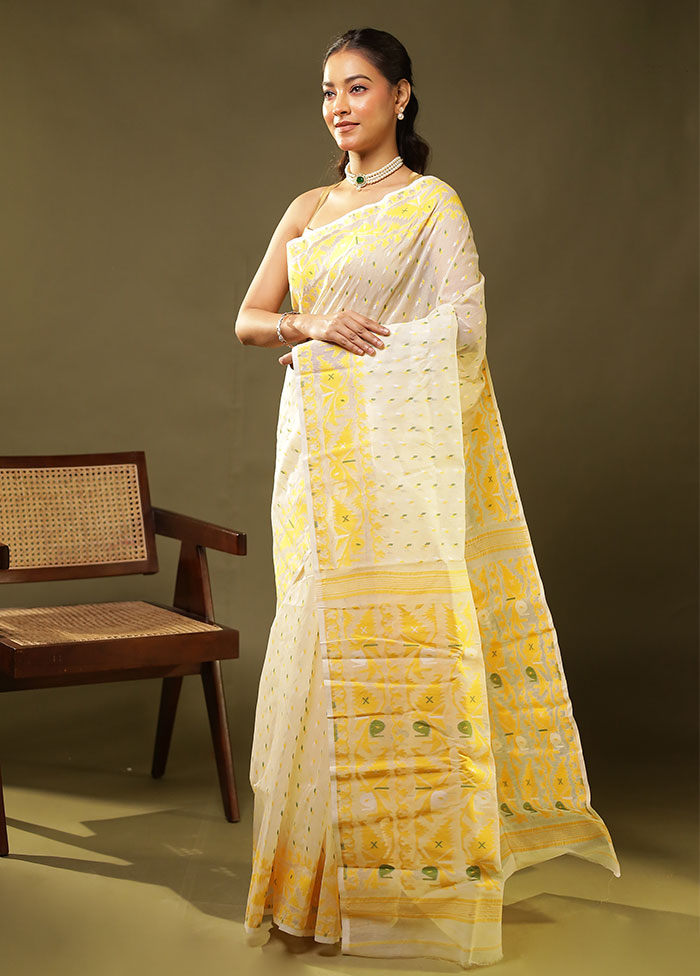 Cream Jamdani Cotton Saree Without Blouse Piece