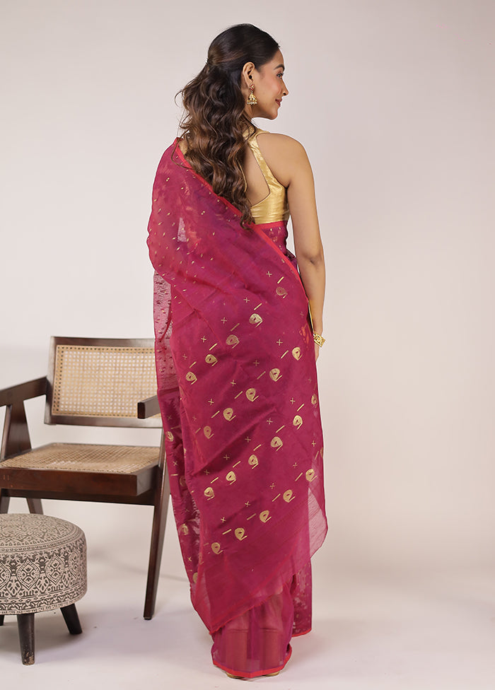 Maroon Jamdani Cotton Saree Without Blouse Piece