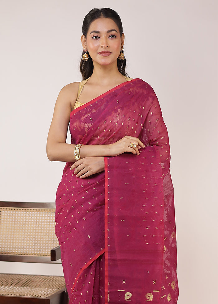 Maroon Jamdani Cotton Saree Without Blouse Piece