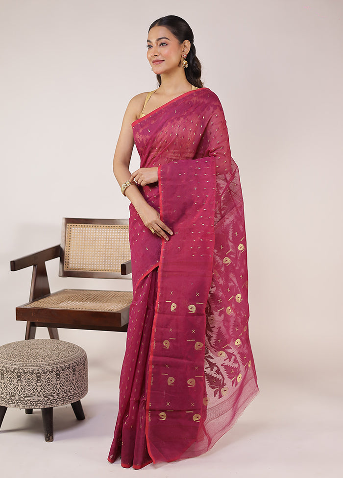Maroon Jamdani Cotton Saree Without Blouse Piece