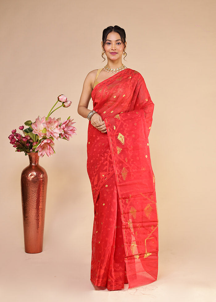 Red Jamdani Cotton Saree Without Blouse Piece