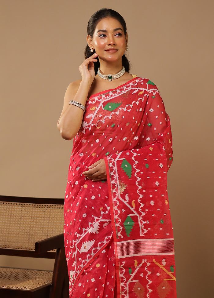 Pink Jamdani Cotton Saree Without Blouse Piece