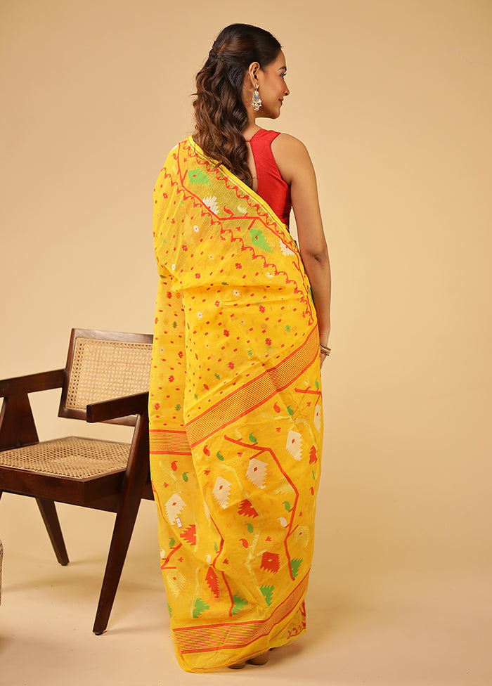 Yellow Jamdani Cotton Saree Without Blouse Piece