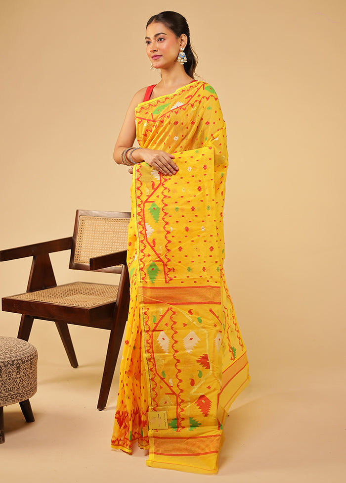 Yellow Jamdani Cotton Saree Without Blouse Piece