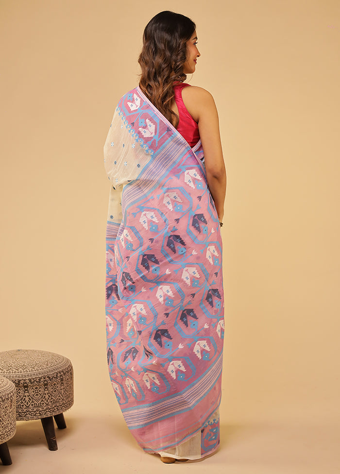 Cream Jamdani Cotton Saree Without Blouse Piece