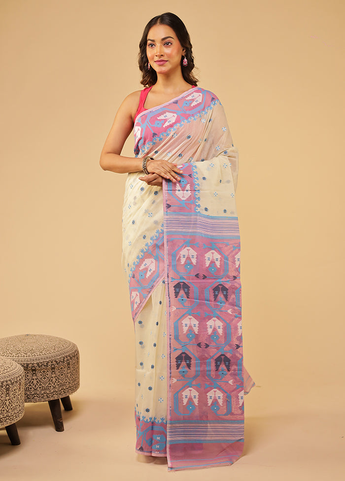 Cream Jamdani Cotton Saree Without Blouse Piece