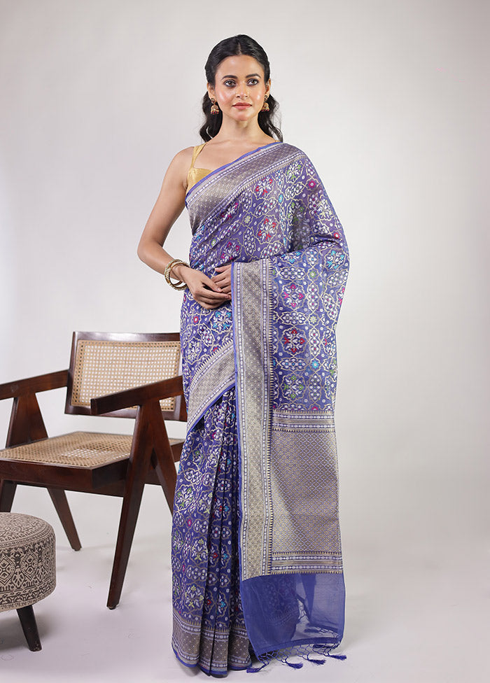 Blue Kora Silk Saree With Blouse Piece