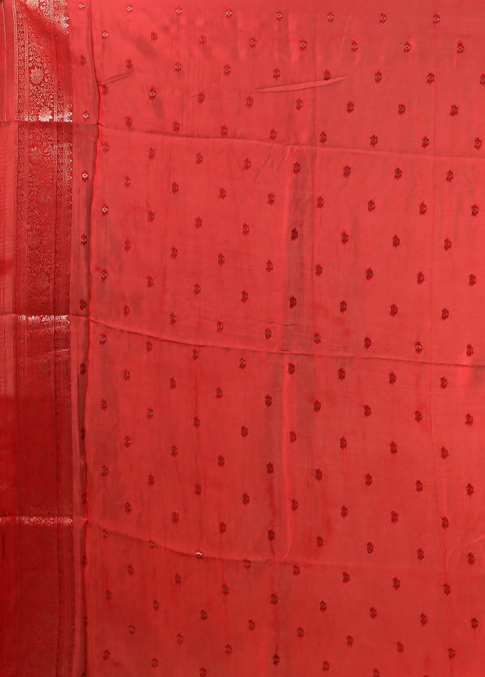 Red Dupion Silk Saree With Blouse Piece