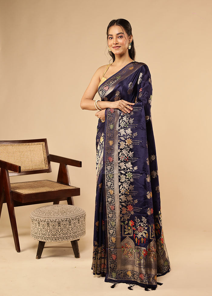 Blue Dupion Silk Saree With Blouse Piece