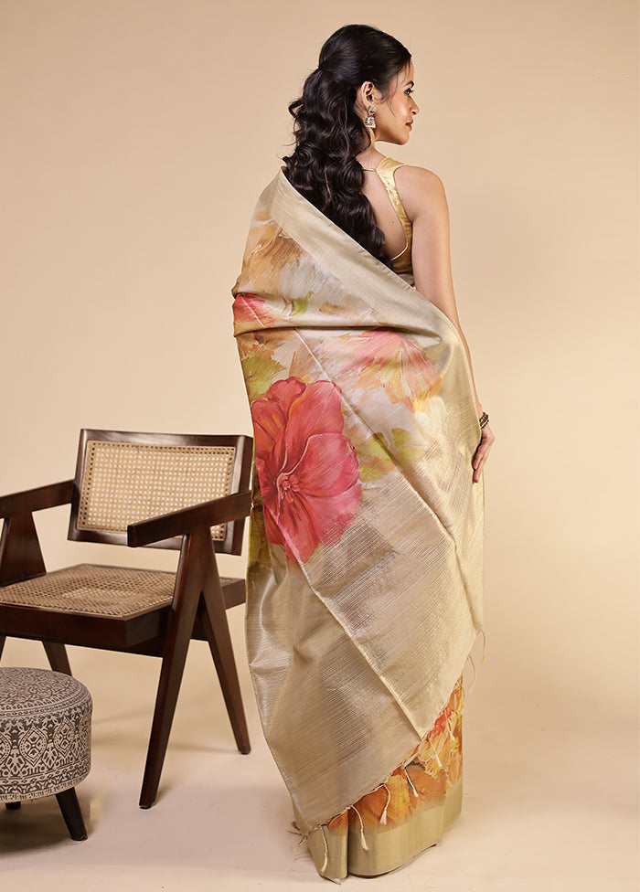 Cream Tussar Silk Saree With Blouse Piece