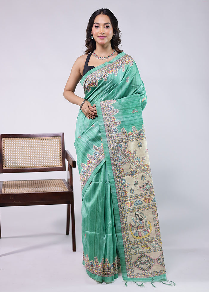Green Tussar Silk Saree With Blouse Piece