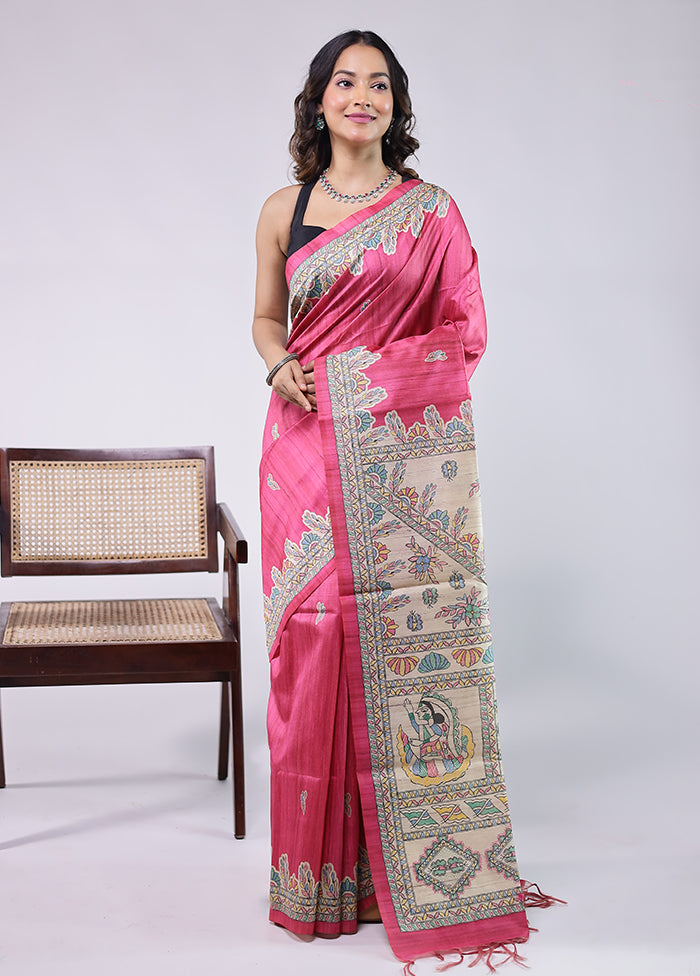 Pink Tussar Silk Saree With Blouse Piece