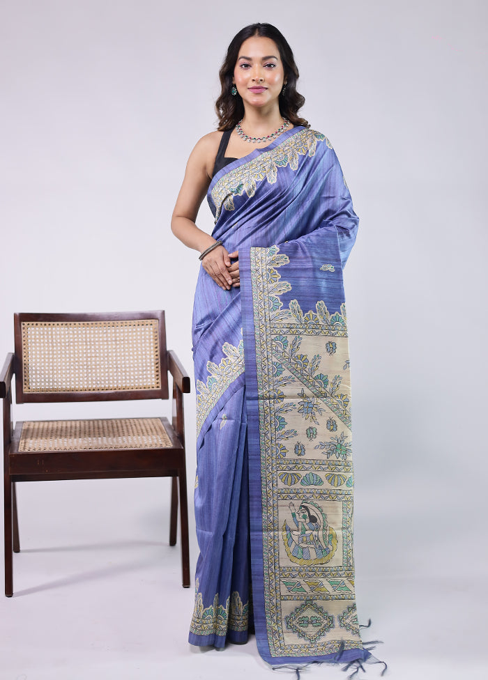 Blue Tussar Silk Saree With Blouse Piece
