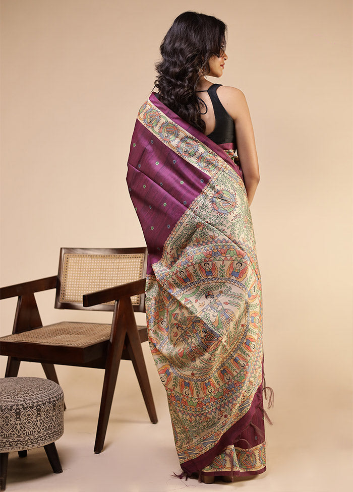 Purple Tussar Silk Saree With Blouse Piece