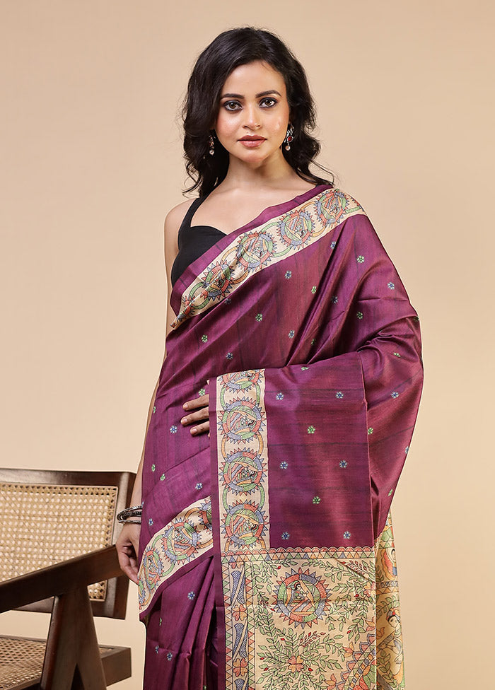 Purple Tussar Silk Saree With Blouse Piece