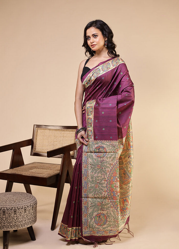 Purple Tussar Silk Saree With Blouse Piece