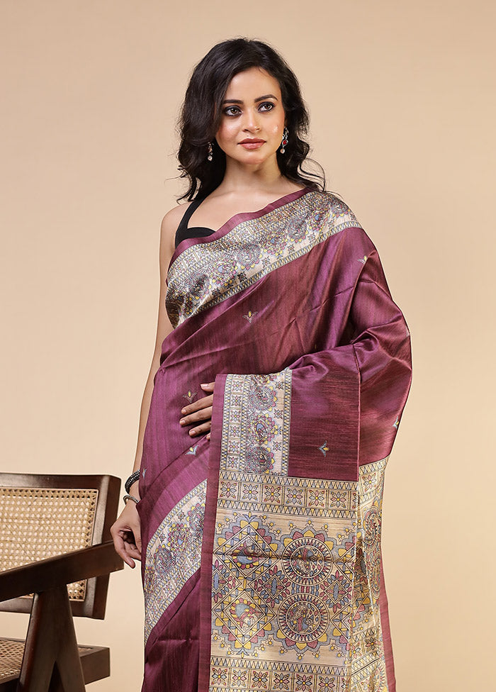 Purple Tussar Silk Saree With Blouse Piece