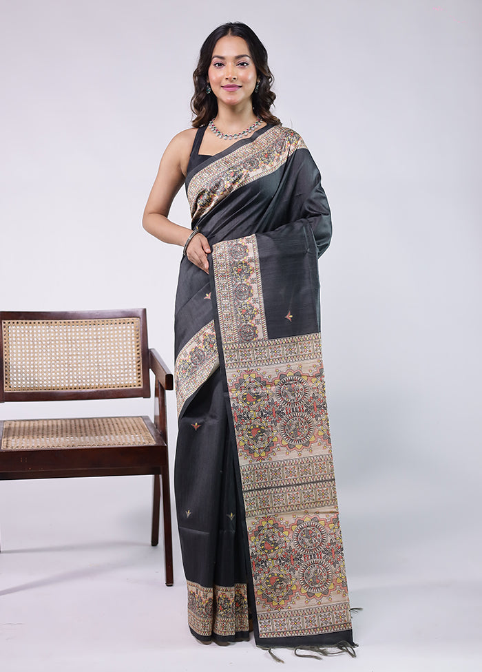 Black Tussar Silk Saree With Blouse Piece