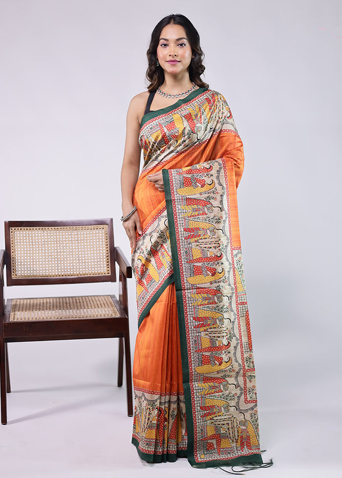 Orange Tussar Silk Saree With Blouse Piece