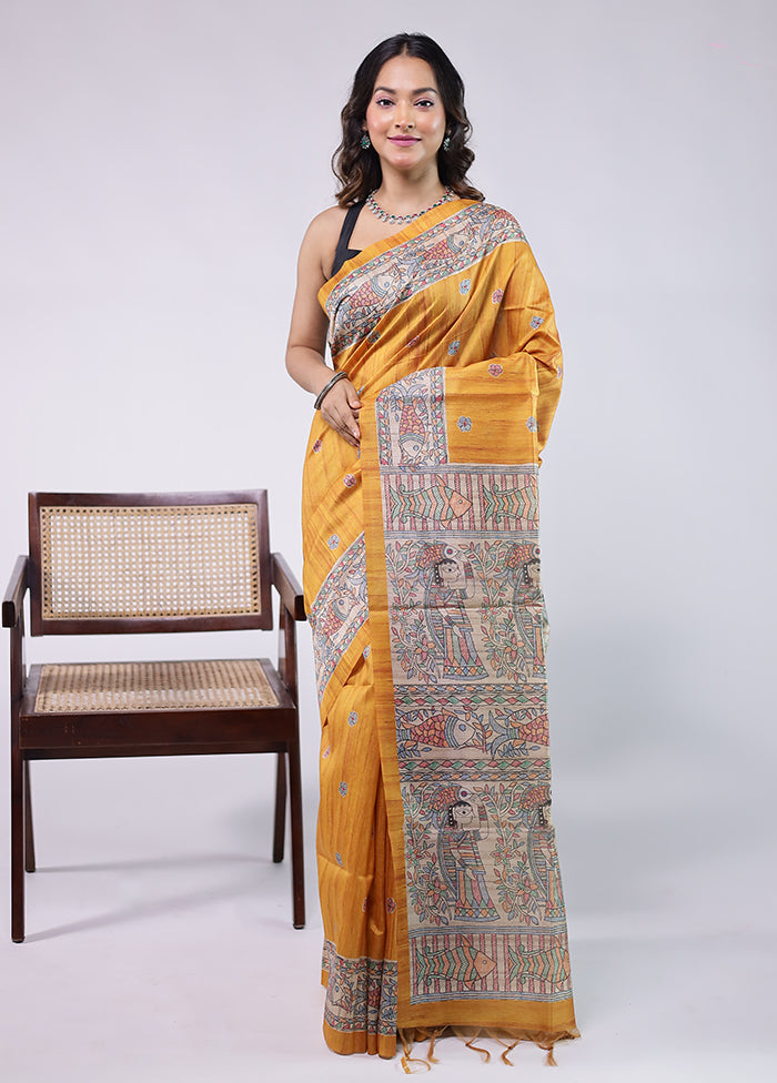 Yellow Tussar Silk Saree With Blouse Piece