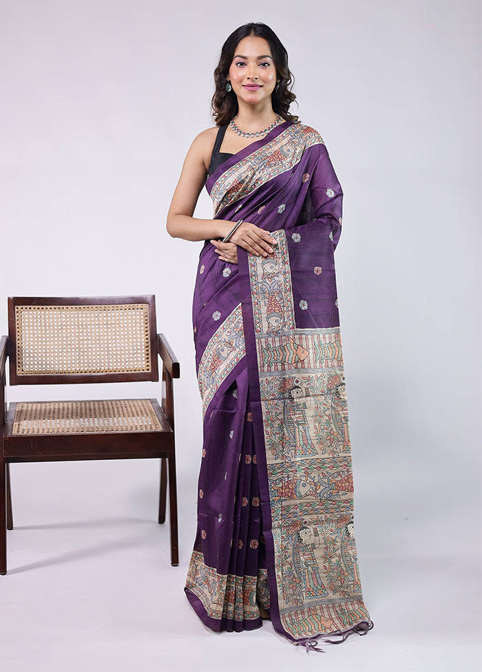 Purple Tussar Silk Saree With Blouse Piece