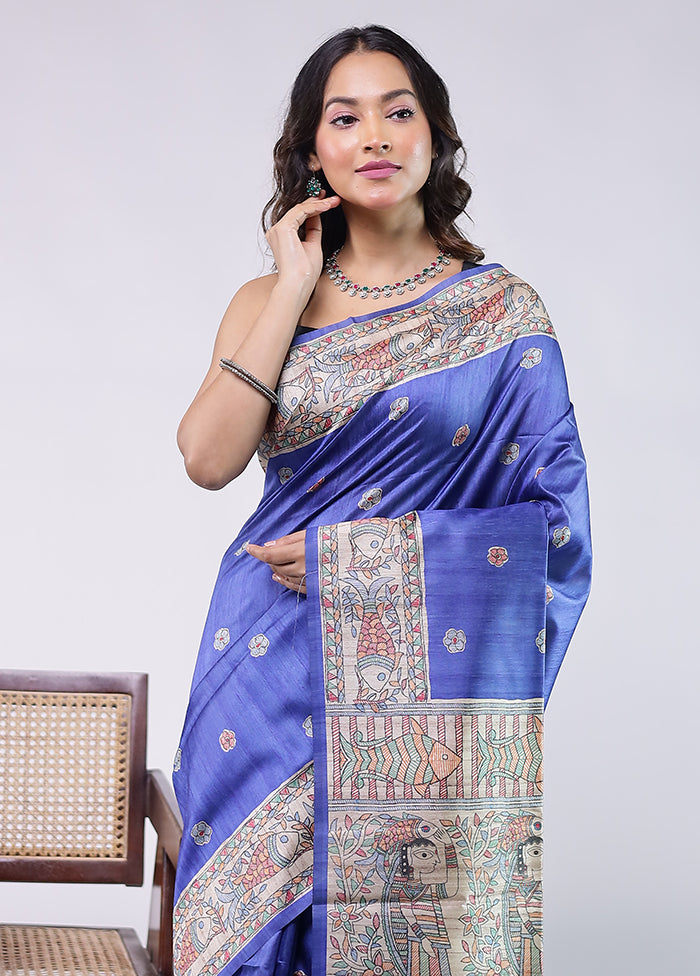 Blue Tussar Silk Saree With Blouse Piece