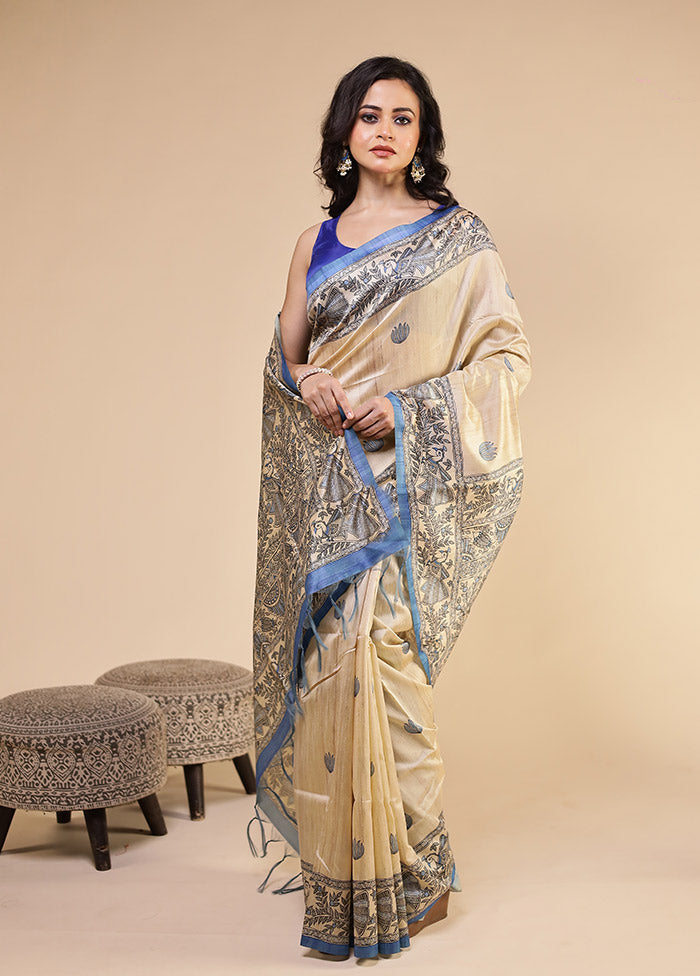 Cream Tussar Silk Saree With Blouse Piece