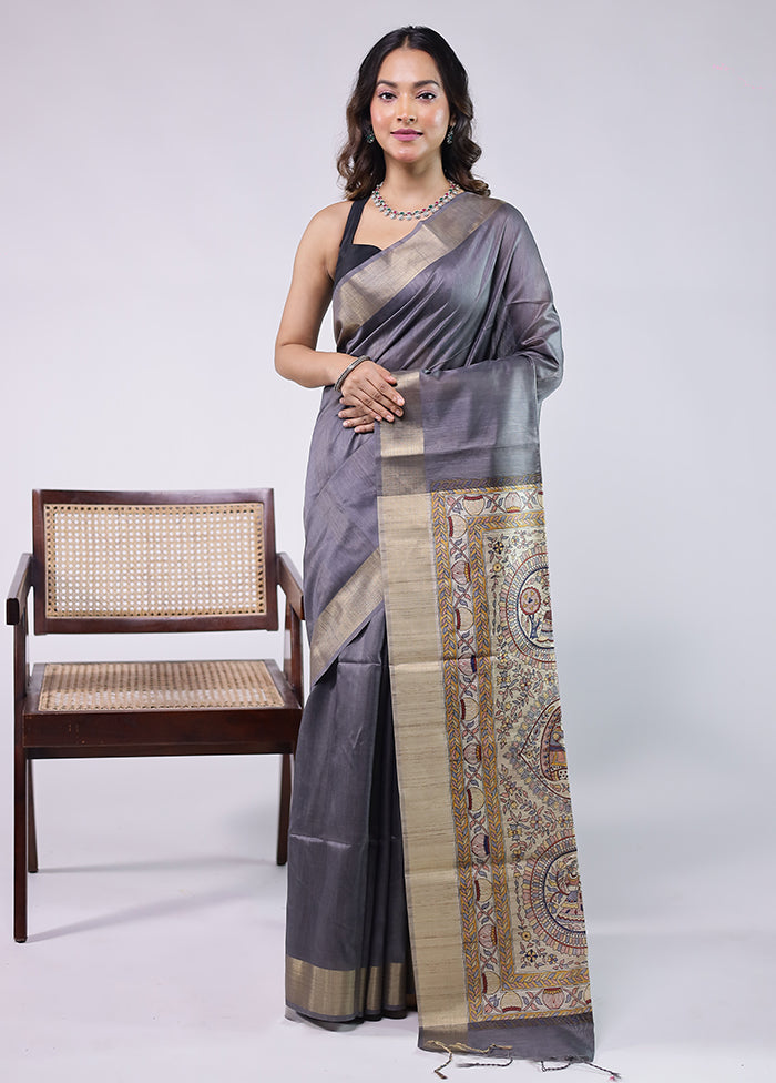Grey Tussar Silk Saree With Blouse Piece